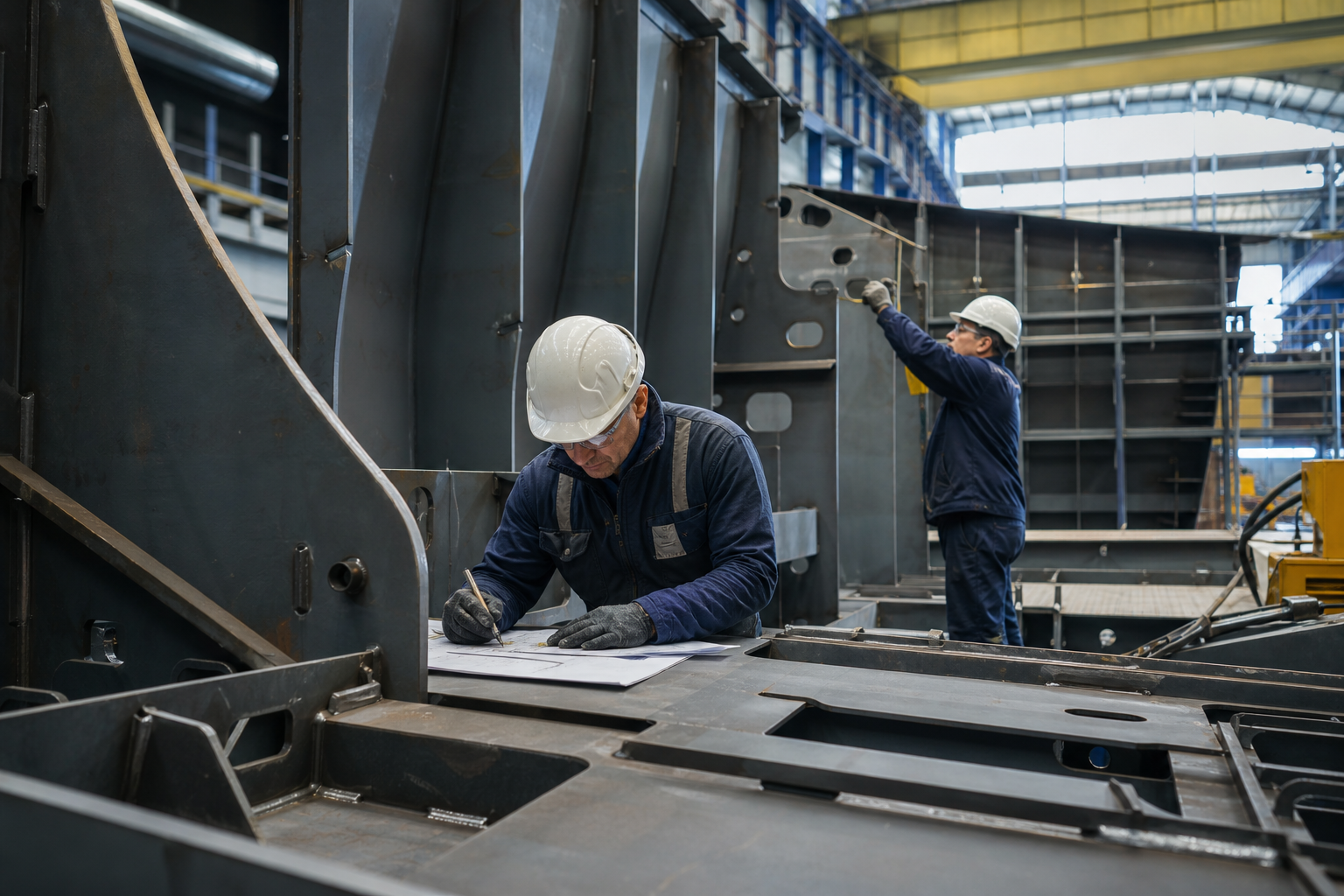 Ship fitter checking a hull structure against an assembly drawing